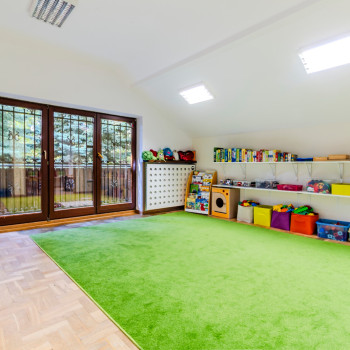 Widok na salę edukacyjną w której znajduje się zielony dywan