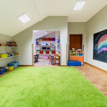 Widok na salę edukacyjną w której znajduje się zielony dywan